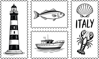 Italian themed vintage black and white illustration featuring nautical elements seafood and the word italy