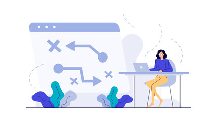 Woman strategizing at a desk in front of a website, examining a diagram. Suitable for business, planning, corporate, and technology concepts.