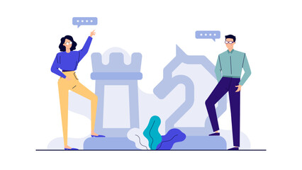 Two people next to chess pieces, suitable for strategic planning, teamwork concepts, business strategies, competitive intelligence, decision making themes.