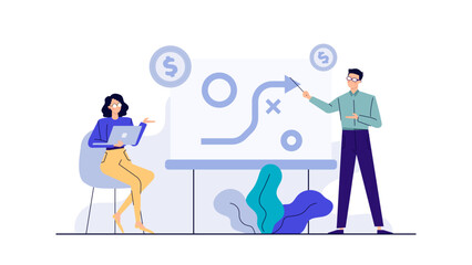 Title Two people discussing a business strategy. Perfect for presentations, websites, articles about teamwork, collaboration, and business planning concepts.