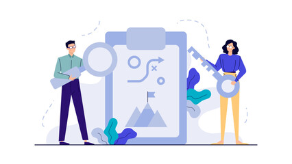 Conceptual image of teamwork and exploration with key, magnifying glass, clipboard with mountain and flag. Ideal for teamwork concepts.