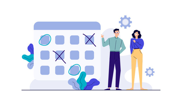 Two people standing next to a calendar with gears. Suitable for business scheduling, time management, project planning concepts. - Powered by Adobe