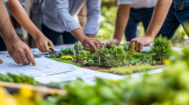 Team of designers working on a landscape model with plants and blueprints