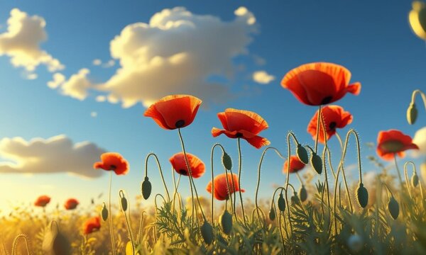 Vibrant red poppies bloom beautifully in a summer meadow under a clear blue sky - Powered by Adobe