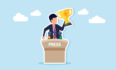 Businessman on podium at press conference holding trophy representing leading company success