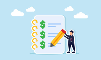 Businessman writing with pencil on document featuring dollar icons representing financial report of business income and expenses