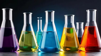 Laboratory glassware with colorful liquids, chemistry science experiments, colorful Erlenmeyer flasks containing chemical solutions - Powered by Adobe
