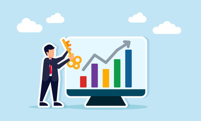 Businessman holding key beside monitor displaying rising graph representing business performance improvement solution