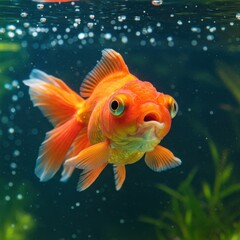 Stunning Closeup of a Vibrant Orange Goldfish Swimming in an Aquarium with Bubbles