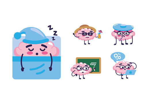 Pink And Blue Brain Cartoon Emotion Activity Mind Illustrations Set
