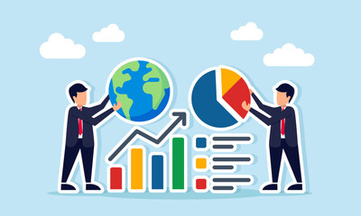 Two businessmen near graph one holding globe the other holding pie chart illustration of collaboration or joint venture to create global scale business