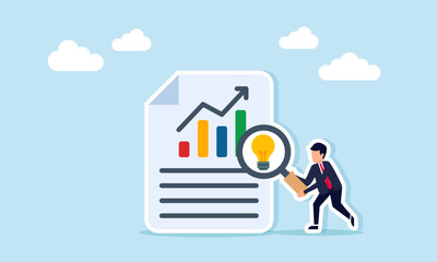 Businessman examining document with graph using magnifying glass marked with lit lamp illustration of applying the right business idea to improve business performance