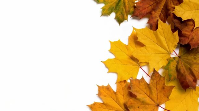 Bright yellow and red maple leaves border blank white space for autumn backgrounds or seasonal designs, vibrant foliage