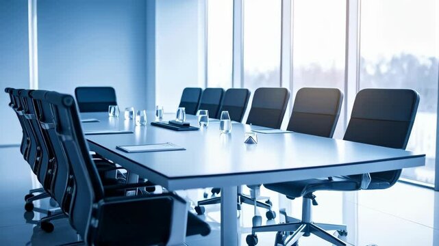 Empty modern conference room setup featuring a bright table, comfortable office chairs, water glasses, and documents for business meetings.