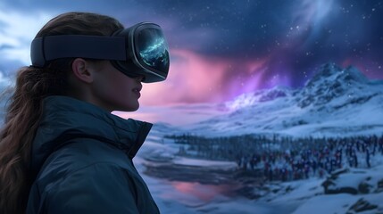 Woman wearing virtual reality headset, experiencing a digital arctic landscape.