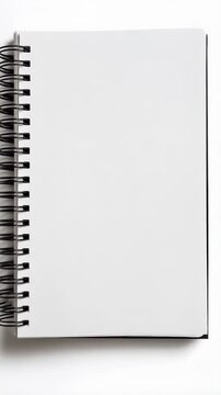 Close-up of blank white spiral bound sketchbook for sketching or note taking on a white background with soft shadows for text or illustrations.
