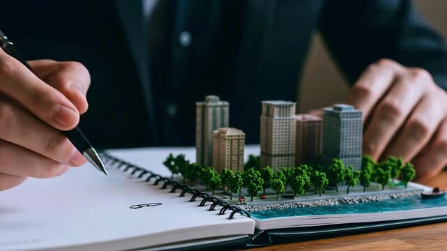 Business professional sketching urban development ideas with a miniature city model on a notebook