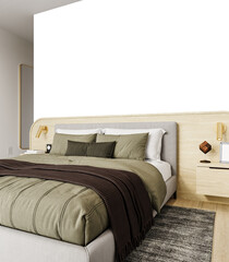 Minimalist Bedroom Wall Cutout – Close-Up Right Side with Textured Bedding – PNG transparent background – 3D render