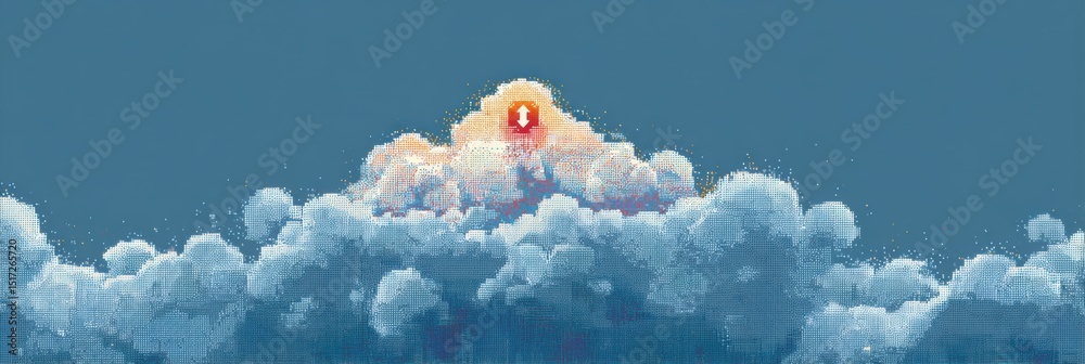 Poster Pixelated Cloud Illustration With a Broken Upload Icon Set Against a Calming Blue Background Representing Technical Issues in Data Transfer
