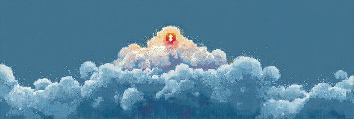 Pixelated Cloud Illustration With a Broken Upload Icon Set Against a Calming Blue Background Representing Technical Issues in Data Transfer