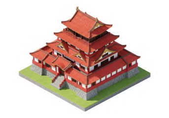Isometric Red and White Japanese Castle Render: A Detailed Miniature Representation of Traditional Architecture, Perfect for Gaming, Education, and Cultural Visualizations.