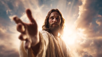 Divine Hand of Jesus Christ Extending a Helping Hand from Heavenly Light