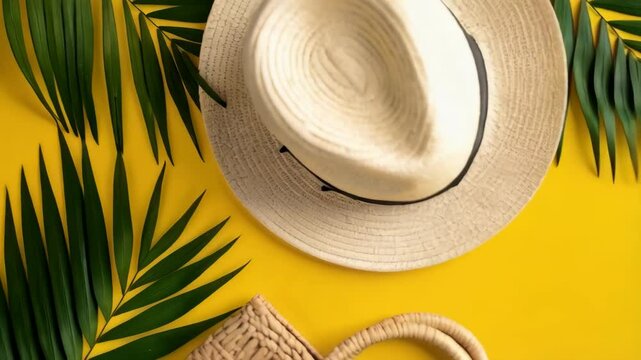 Overhead shot features a straw hat, woven tote bag, and palm leaves on a bright yellow background suggesting summer travel.