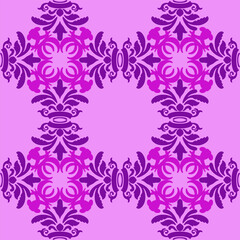 Seamless pink and purple floral vector pattern with vintage swirl ornamentation