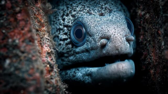 Moray eel head emerges menacingly from dark coral reef crevice looking at camera