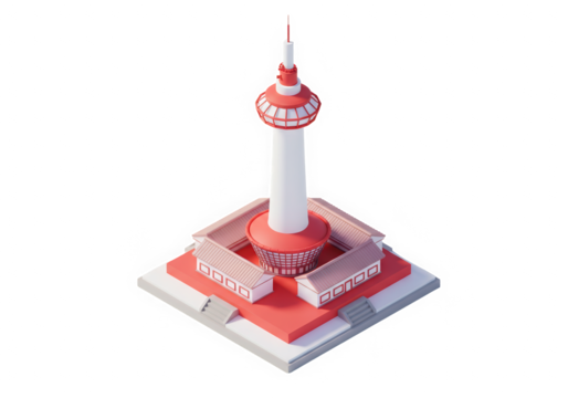 Minimalist Isometric Rendering of Kyoto Tower, Japan: A Modern Architectural Landmark in a Geometric Style, Standing Tall Against a Clean Background