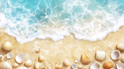 Watercolor Beach Scene with Seashells and Ocean Waves, Summer Holiday