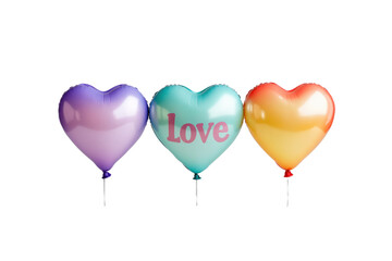 Love in Air: Three heart-shaped balloons in a row, each radiating a unique and vibrant hue, conveying a feeling of affection and care. 