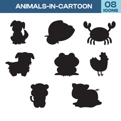 Cartoon Animal Silhouettes, Funny Pet Icons, Cute Wildlife Vector, Black Animal Shapes, Character Pack 