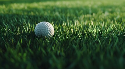 Golf ball resting on a patch of green grass.
