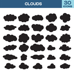 Cloud Silhouette Icons, Weather Cloud Set, Storm Clouds, Flat Sky Icons, Meteorology Symbols 