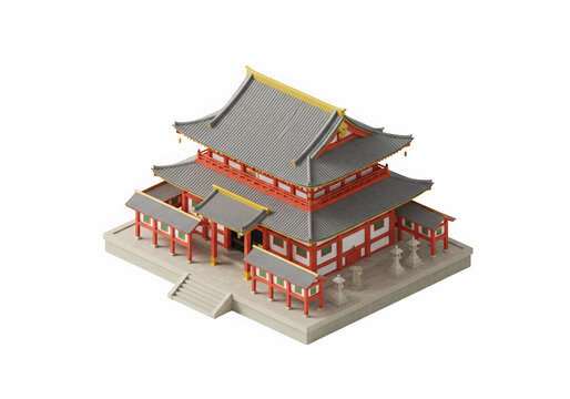 Miniature Isometric Render of a Traditional Japanese Temple: Architectural Model, Culture, and Design, with layered roofs, stone steps and lush green surrounding.