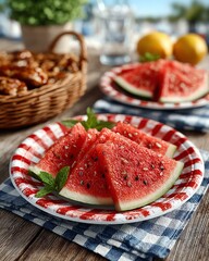 Labor Day Celebrations Freshly sliced watermelon on a plate.
