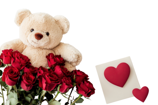Teddy Bear and Red Roses: A teddy bear snuggled amidst a vibrant bouquet of red roses, alongside a card adorned with two heart. capturing the pure joy and sweetness of romance