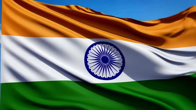 National flag waving in the wind against a clear blue sky, featuring horizontal stripes of saffron, white, and green with a navy blue chakra at its center.