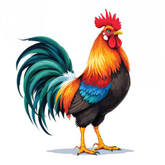 Fototapeta premium Colorful rooster with vibrant plumage isolated on white background, a proud farm animal