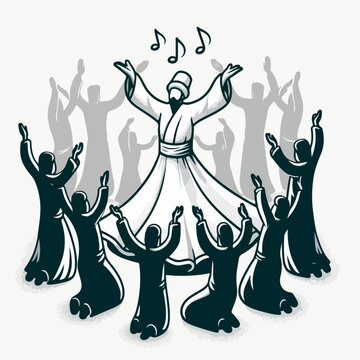 whirling dervishes in white robes, musical notes clip art preview