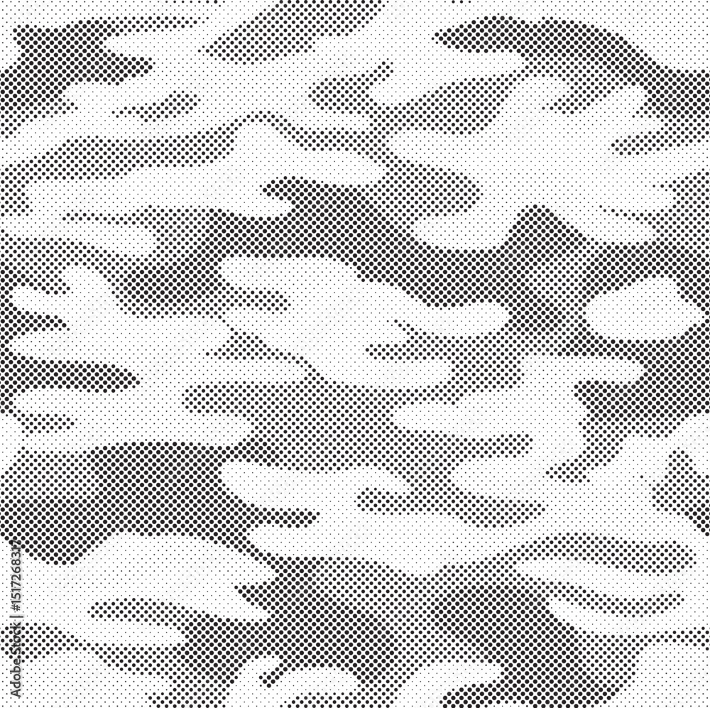 Poster abstract halftone seamless camouflage pattern. repeating digital dotted hexagonal camo military text