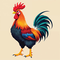 Fototapeta premium Colorful rooster with vibrant plumage isolated on white background, a proud farm animal