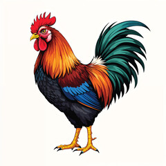Fototapeta premium Colorful rooster with vibrant plumage isolated on white background, a proud farm animal
