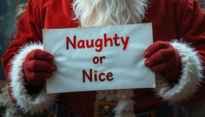 Santa holding naughty or nice sign