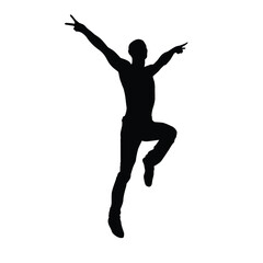 Silhouette of a joyful man jumping high with arms spread wide, expressing freedom and excitement
