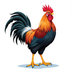 Fototapeta premium Colorful rooster with vibrant plumage isolated on white background, a proud farm animal