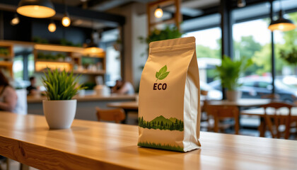 Eco friendly coffee packaging displayed in modern cafe setting, showcasing sustainability and natural elements