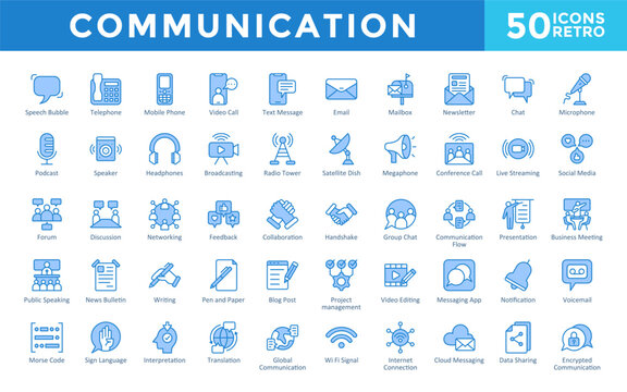 Communication icons set with speech bubble, telephone, mobile phone, video call, text message, email, mailbox, newsletter, chat, microphone icon. Simple retro vector 
