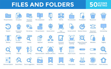 Files and Folders icons set with file permissions, encryption, password protection, file compression, zip file, rar file, file extraction, file deletion, recycle bin icon. Simple retro vector 
